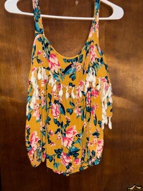 Floral Tassel Mustard Cold shoulder Top